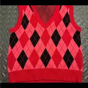 Chic Red and Black Argyle V-Neck Sweater Vest